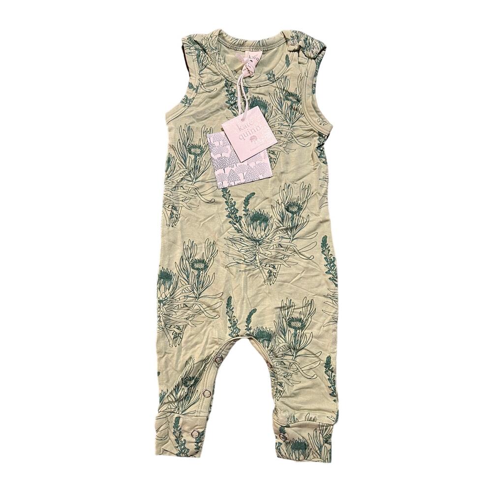 NWT Kate Quinn Sleeveless Snap Button Sport Jumpsuit Green Protea Bamboo 3-6m